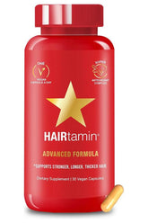 HAIRtamin Advanced Formula dietary supplement bottle for stronger, longer, and thicker hair with vegan capsules.